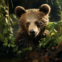 Wall Mural - Sweet brown bear cub in the outdoors Generative AI