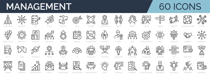set of 60 outline icons related to management, administration, supervision, leadership, business, go
