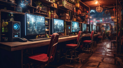 Wall Mural - High-end Internet cafe with modern computers for playing video games