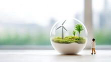 A Miniature Figure Of A Man Stands Near A Transparent Glass Sphere Inside Which Is Green Grass And Tiny Wind Turbine. The Concept Of Ecology, Climate Optimism And Calm. Copy Space. Banner