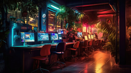 Wall Mural - High-end Internet cafe with modern computers for playing video games