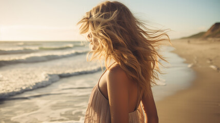 Wall Mural - An attractive young blond woman with beautiful long hair on a sandy beach in the . back view. Generative AI