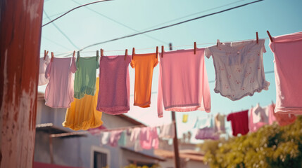 A clothesline with freshly washed clothes outdoors in the morning