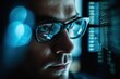 Cybersecurity illustrated, Close-up of Eyes and Glasses with Computer Monitor Reflection