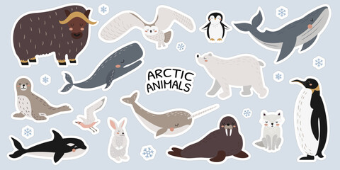 Vector sticker set of cute polar animals, marine mammals and birds. Large set of wild Arctic animals. Whale, narwhal, walrus, polar owl, polar bear, penguins. Vector illustration in flat style. Banner