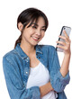 Portrait of young Asian woman using smartphone isolated  background