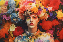 Generative Carnival Gender With Magnificent Makeup With Colorful Flower Background, Generative Ai, Ai