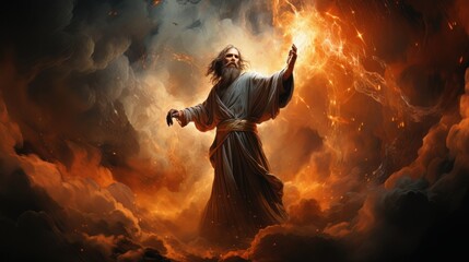 Judgment Day. Angry God stands against the backdrop of blazing fiery sky. Religious apocalypse AI