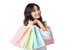 Young Asian shopper girl holding shopping bags happy smile and enjoying to shopping.