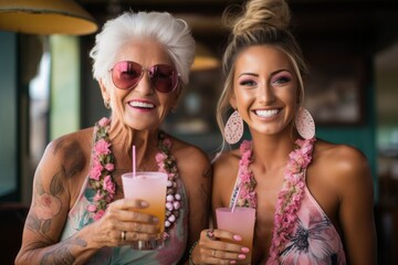 Wall Mural - Two happy women spend time together on vacation. Portrait with selective focus