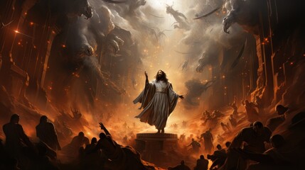 Canvas Print - Judgment Day. Angry God stands against the backdrop of blazing fiery sky. Religious apocalypse AI