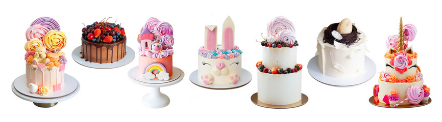 Wall Mural - Set of different birthday cakes decorated with fresh berries, candy, unicorns, meringue swirls isolated on white background horizontal