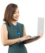 Young Asian business woman working with a laptop computer, looking at the laptop monitor in a studio shot on a white background
