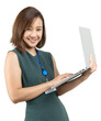 Young Asian business woman working with a laptop computer, looking at the laptop monitor in a studio shot on a white background