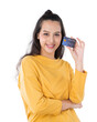 Young beauty Asian woman shopping showing credit card she wearing a yellow sweater and looking on camera shot isolated on white background