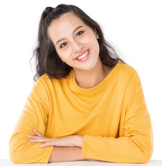 Wall Mural - Portrait young beauty Asian woman she wearing a yellow sweater shot isolated on white background