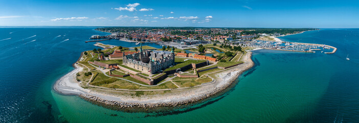 Wall Mural - Aerial view of Kronborg castle with ramparts, ravelin guarding the entrance to the Baltic Sea and the Oresund in Helsingor Denmark