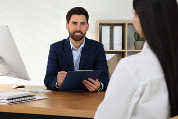 Poster - Human resources manager conducting job interview with applicant in office