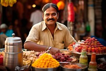 Happy Indian Street Vendor Selling Sweets In Jaipur Streets In India