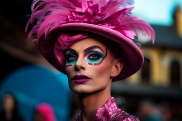 Causal portrait of queer person wearing elegant glam drag make up in the street