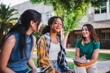 Wall Mural - Portrait of a college student girl looking at camera while she is sitting with her friends.