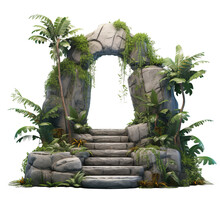 Stone Stage Surrounded By Tropical Plants Arrangements. Isolated Transparent Background