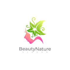 Wall Mural - Girl logo and leaf design nature, line style, salon logos