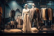 Luxury Store Window With Mannequins In Designer Clothes, Designer Store Interior, Generative AI
