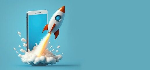 Wall Mural - rocket coming out of smartphone on blue background with copy space, startup concept, generative ai
