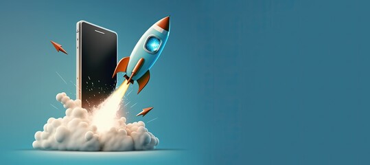 Wall Mural - rocket coming out of smartphone on blue background with copy space, startup concept, generative ai
