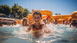 Water Park Adventure. Wide-angle photo of a kid swimming in a vibrant water park-themed setting. Fun-filled aquatic excitement concept. AI Generative