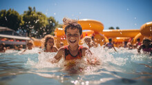 Water Park Adventure. Wide-angle Photo Of A Kid Swimming In A Vibrant Water Park-themed Setting. Fun-filled Aquatic Excitement Concept. AI Generative