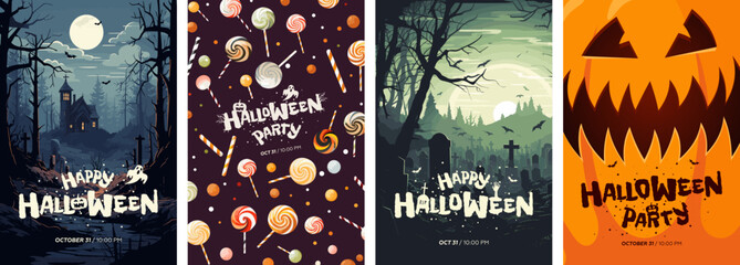 happy halloween party poster set. drawing placards with old mansion, graveyard, candies and scary pu