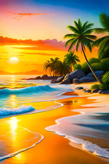 Painting tropical beach with palm trees  sunrise and sunset sky 