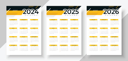 Wall Mural - Simple calendar set for 2024, 2025, 2026 years. Simple editable vector calender. Week starts Sunday