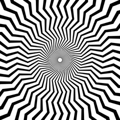 Poster - Optical illusion background. Black and white abstract distorted zigzag lines surface. Radial wave poster design. Hypnotic spiral illusion wallpaper. Vector illustration