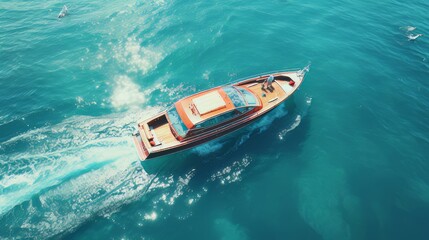 Poster - Aerial view of a luxury motor boat. Speed boat on the azure sea in turquoise blue water