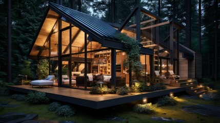 Canvas Print - Modern luxury villa exterior in minimal style for luxury glamping. Glass cottage in the woods at night. Modern cabin house in deep forest 