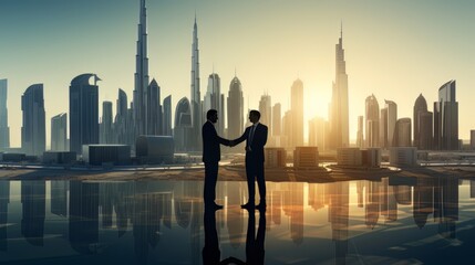 Sticker - Arab Business handshake and business people on city background 