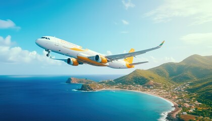 airplane flyover the island and ocean