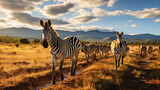 Fototapeta Sawanna - Radiant Elegance: A Majestic Zebra Basks in the Sun-Kissed Field. Generative AI