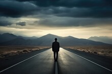 Lonely Man Walking Down A Long Road. Generative AI