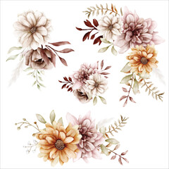 Wall Mural - Watercolor autumn flower and leaves bouquet collection