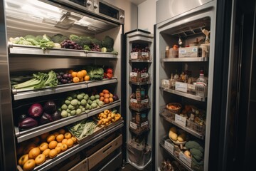 Poster - walk-in refrigerator, filled with stacks of fresh produce and other ingredients for cooking, created with generative ai