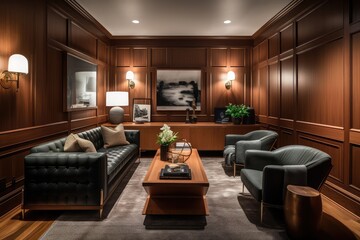 Canvas Print - classy wood-paneled den with leather furniture and sleek decor, created with generative ai