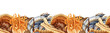 Medicinal mushrooms seamless border. Watercolor illustration. Various painted medicinal fungi in decorative vintage style border. Reishi, cordyceps, turkey tail medical mushroom decor element