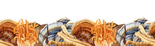 Medicinal Mushrooms Seamless Border. Watercolor Illustration. Various Painted Medicinal Fungi In Decorative Vintage Style Border. Reishi, Cordyceps, Turkey Tail Medical Mushroom Decor Element