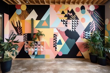 Canvas Print - abstract geometric mural with bold shapes represented in different colors, created with generative ai