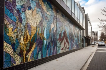 Sticker - colourful mosaic mural on modern building facade, created with generative ai