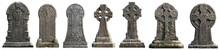 Collection Of Very Old Gravestones And Graveyard Monuments, Halloween Theme, On A Transparent Background, Generative AI